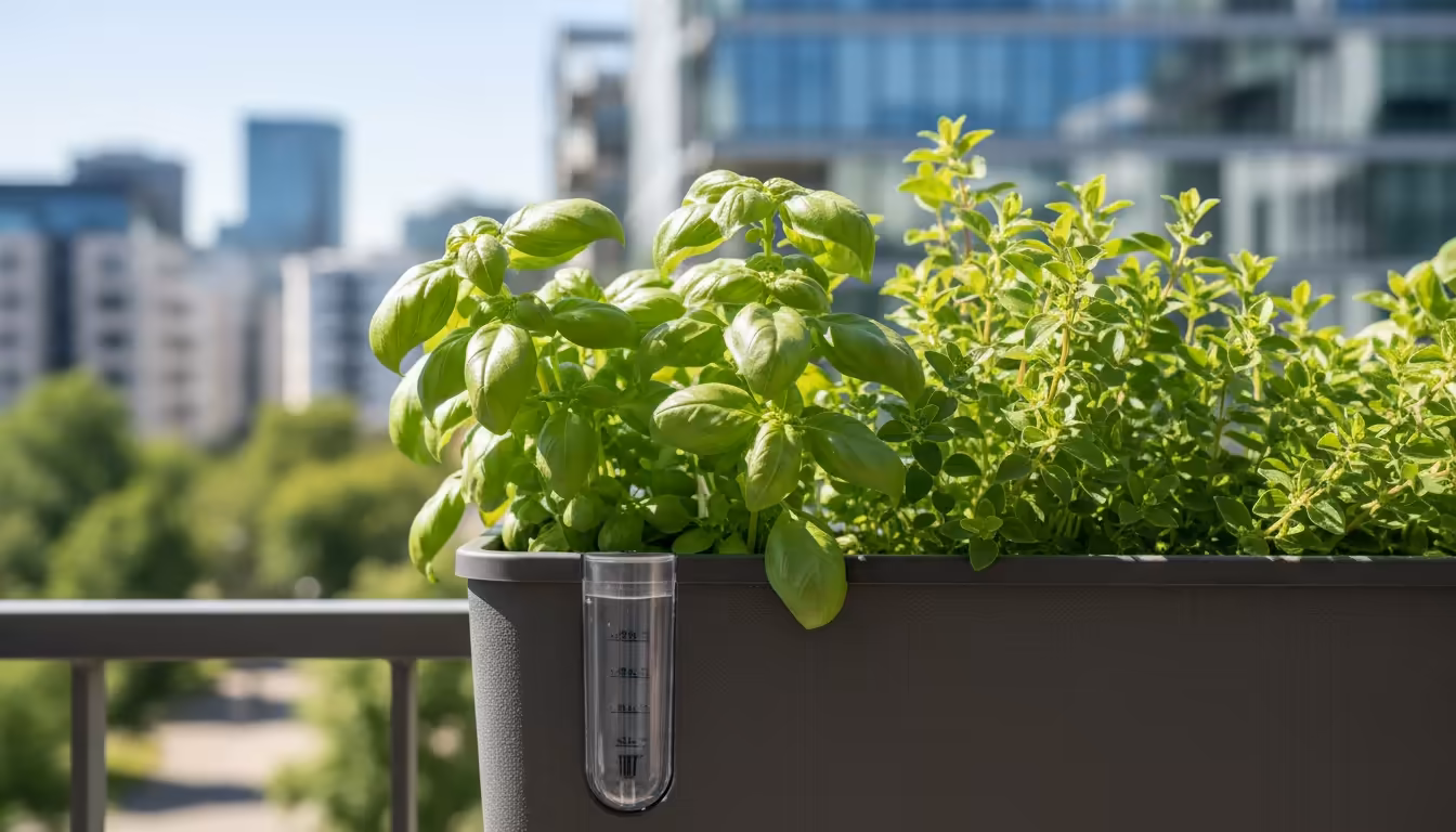 A modern dark grey self-watering planter with a visible water-level indicator, overflowing with vibrant green herbs on a sunny urban balcony.