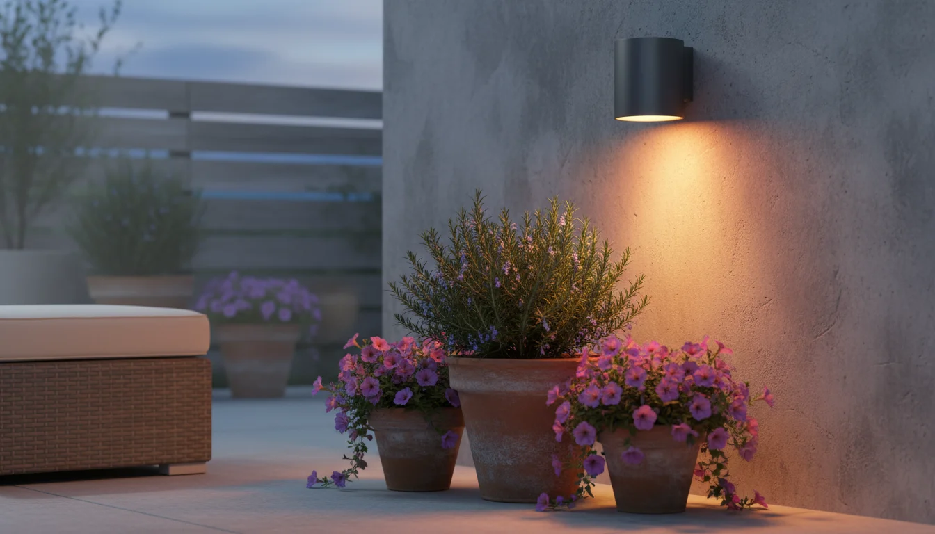A modern dark grey wall sconce illuminates terracotta pots with herbs and petunias on a textured patio wall at twilight, defining a cozy seating area.