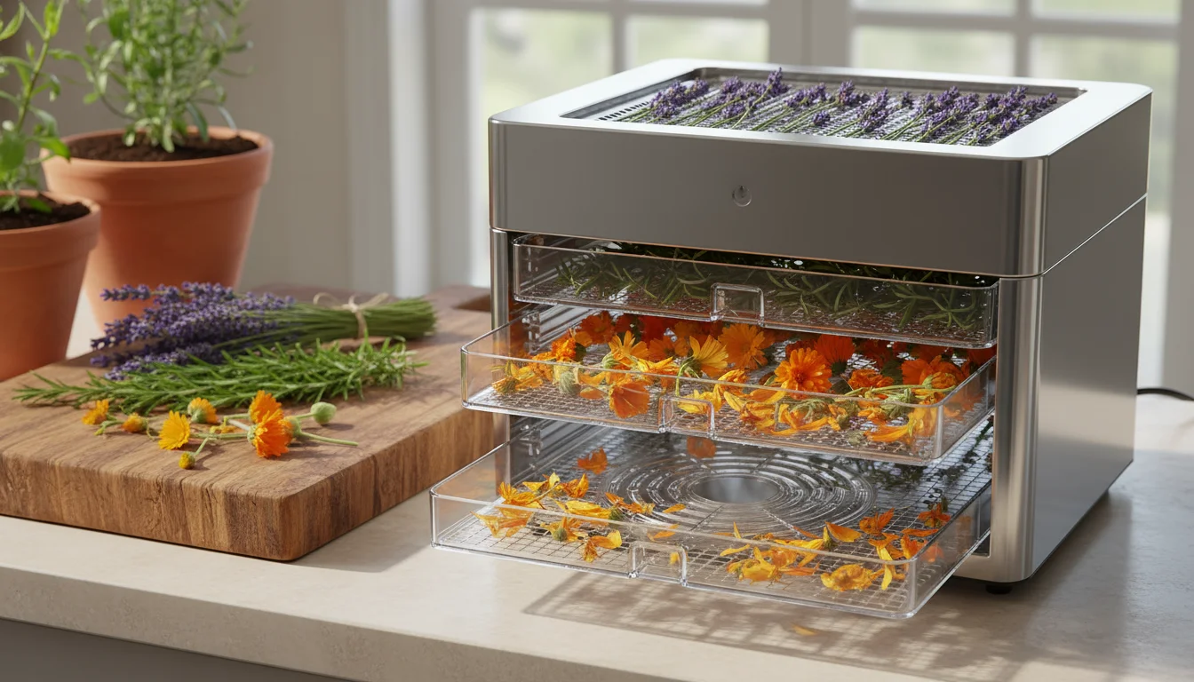 A modern food dehydrator on a kitchen counter, drying lavender, rosemary, and calendula, with fresh herbs nearby.