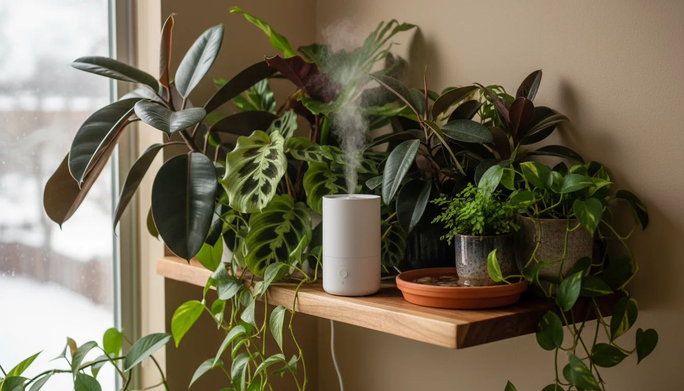 A modern humidifier mists tropical houseplants grouped on a shelf, with a pebble tray below one pot.