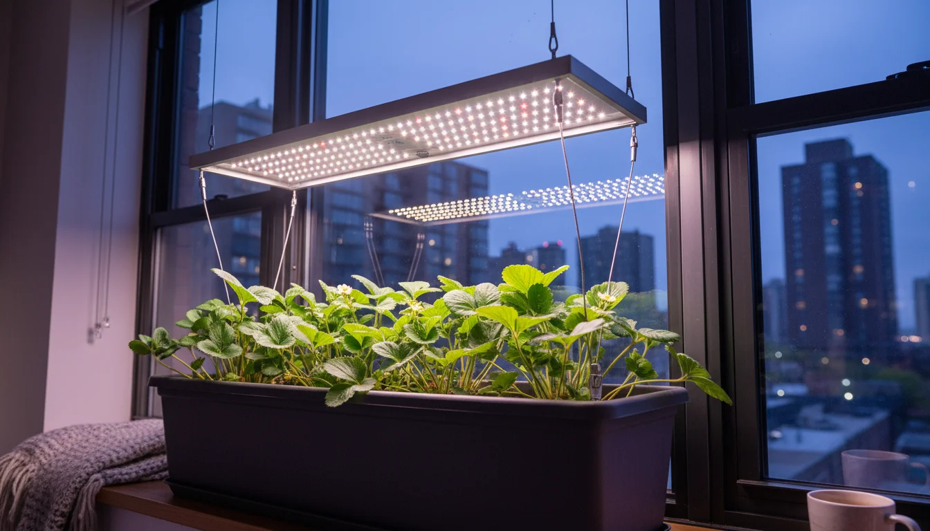 A modern LED grow light hangs 8 inches above vibrant green strawberry plants in a dark gray window box, with a blurred city in the background.
