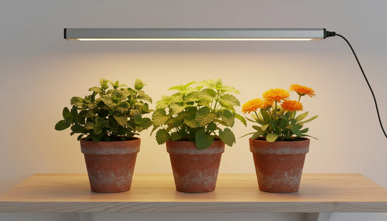 A modern LED grow light illuminates a shelf with lush peppermint, lemon balm, and calendula plants in terracotta pots.