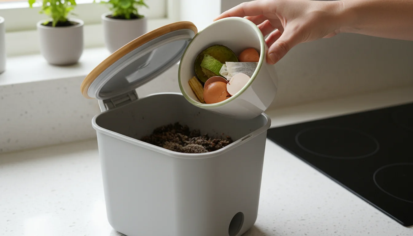 Modern light-gray bokashi bucket on a clean kitchen counter. A hand empties fruit peels and coffee grounds from a white ceramic scrap pail into it. Po