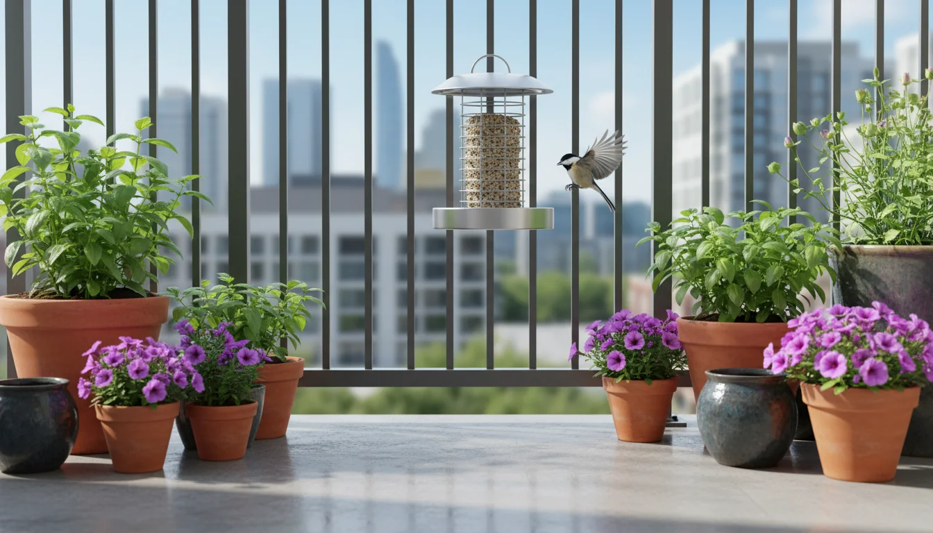A modern metal suet feeder securely attached to a balcony railing, surrounded by container plants, with a bird approaching.