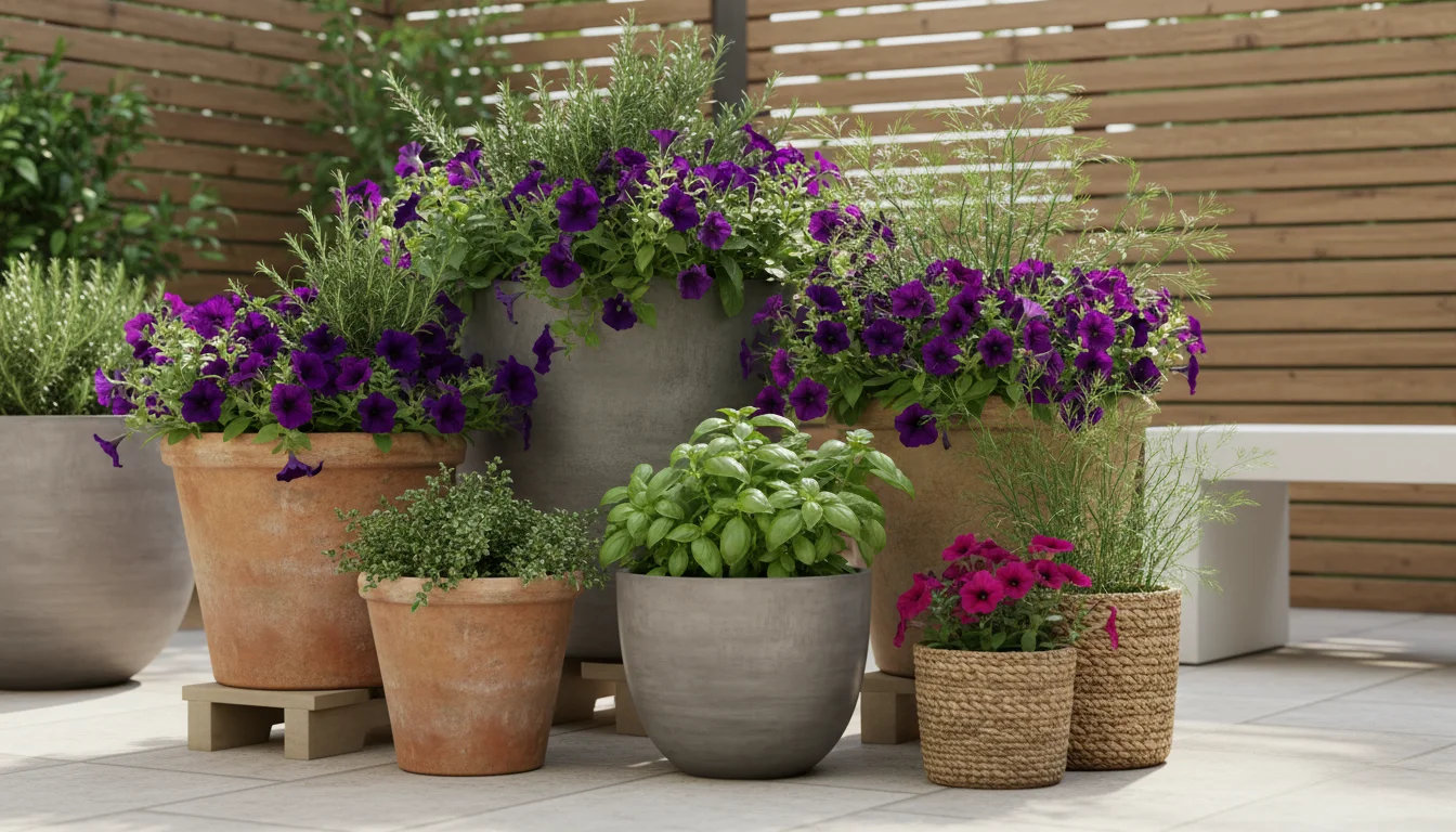 A modern patio with a cohesive grouping of container gardens in varying heights, featuring pots made of terracotta, concrete, and woven baskets with l