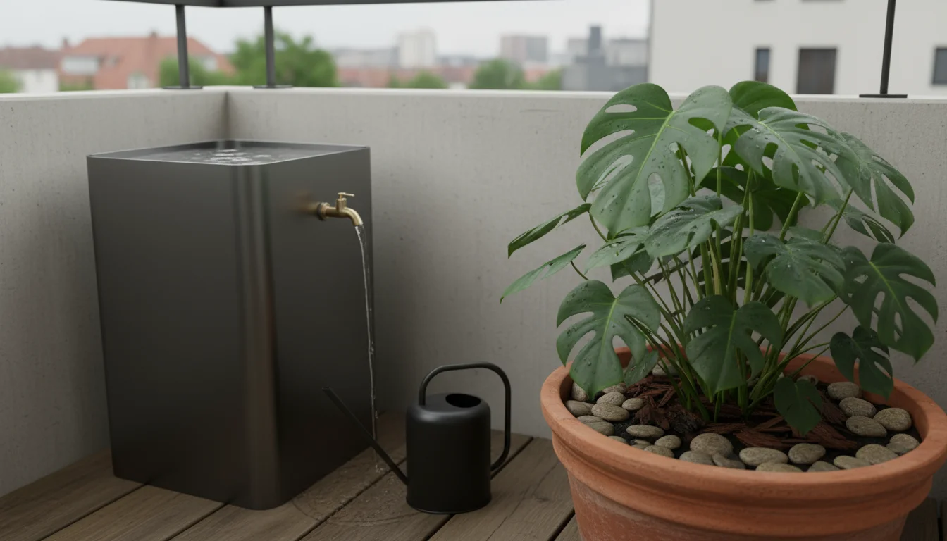 A modern rain barrel and watering can on an urban balcony next to a large potted plant mulched with decorative pebbles.