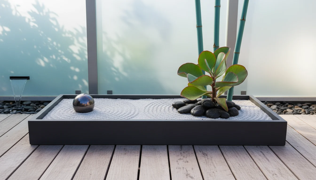 Modern rectangular charcoal planter with raked light-grey gravel, dark river stones, and a sculptural paddle plant on a wooden patio deck.