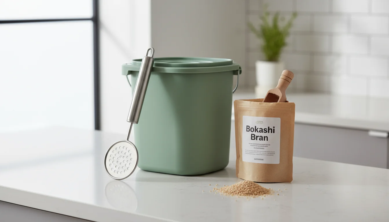 A modern sage green bokashi bucket, an open bag of bokashi bran with a scoop, and a stainless steel potato masher on a bright kitchen counter.