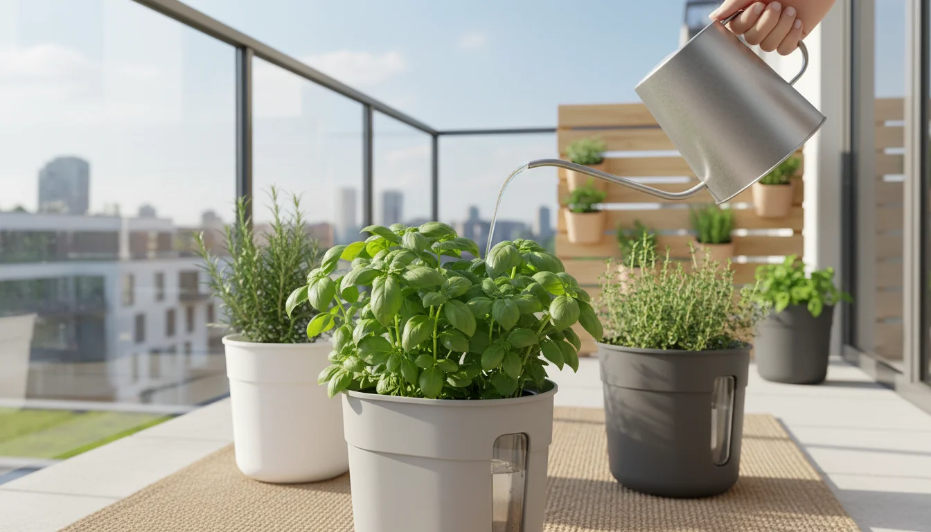 Eye-level shot of modern self-watering planters on an urban balcony, with a watering can filling a basil pot's reservoir.