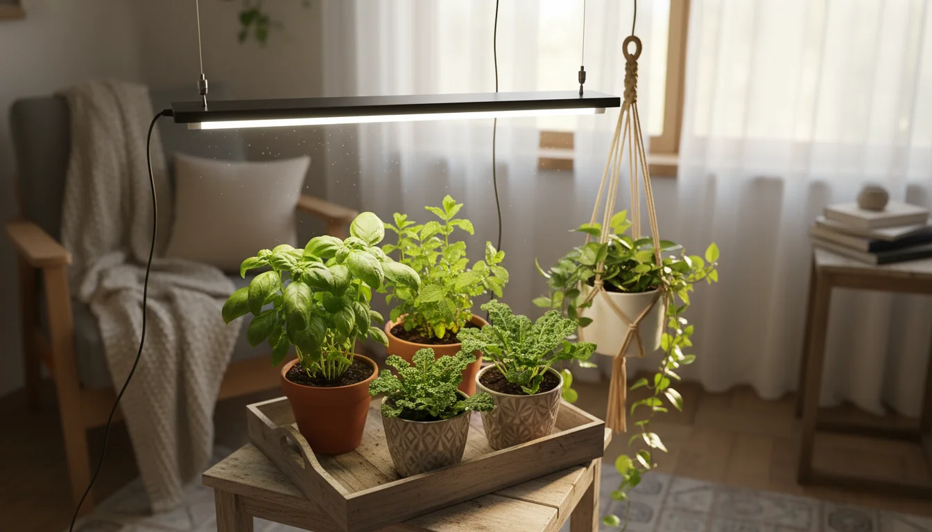 A modern, sleek LED grow light strip illuminates vibrant potted herbs and leafy greens on a wire shelf in a small indoor garden space.