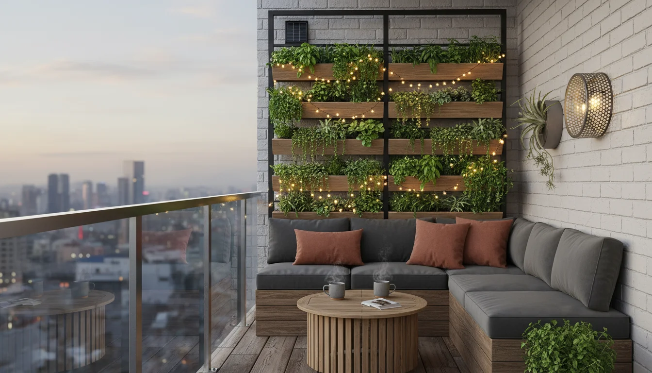 Elevated view of a modern urban balcony garden at early dusk, featuring vertical planters with solar LED string lights and an outdoor-rated wall sconc