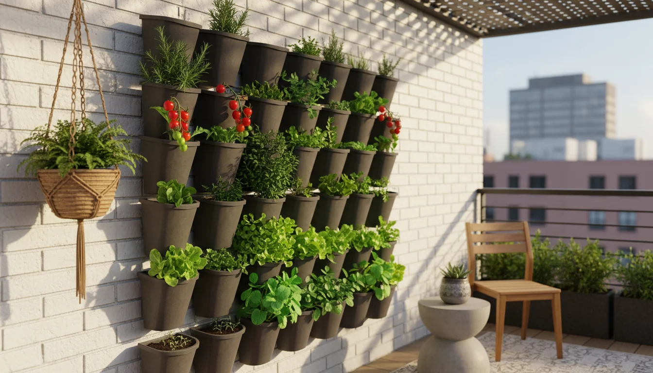 A modern vertical garden on a sun-dappled urban patio, showing sun-loving tomatoes in bright light and shade-tolerant lettuce in soft shade.