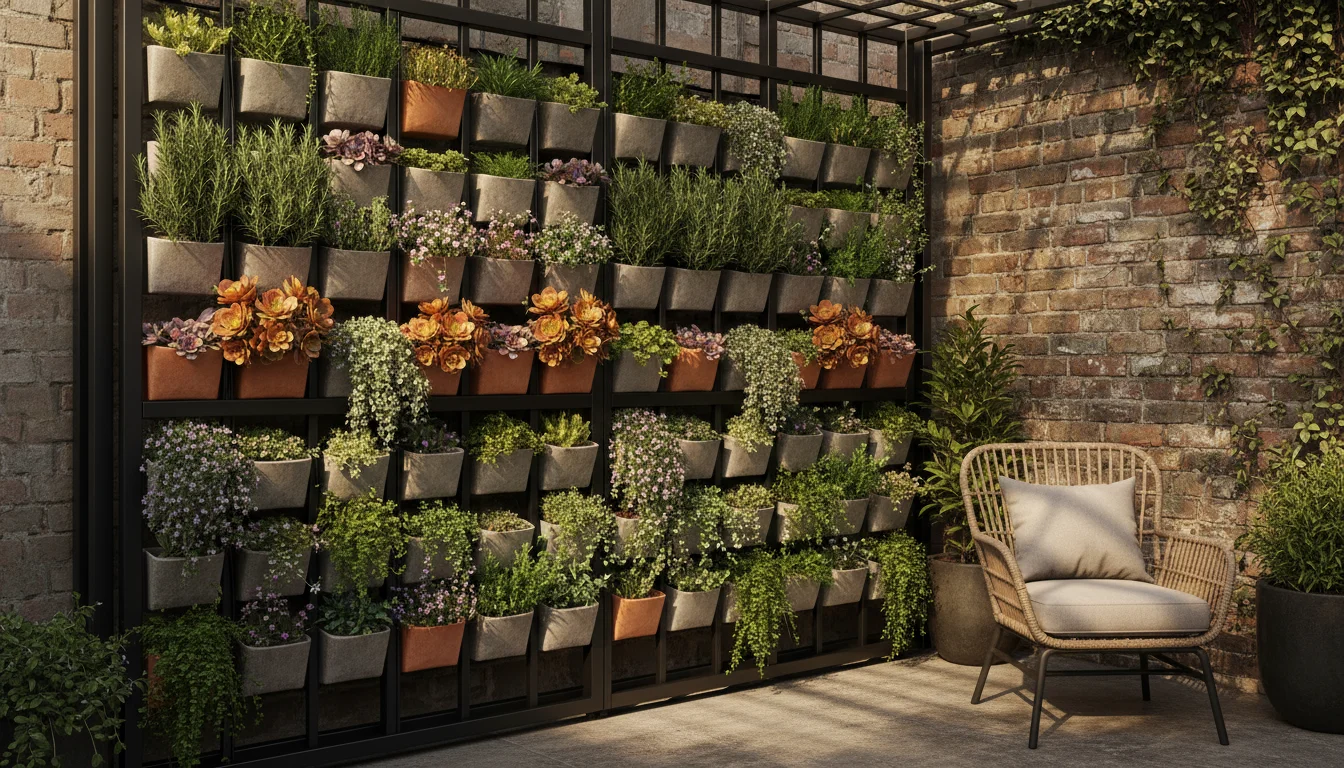 Modern vertical garden on an urban patio, showcasing lush herbs, sedums, and a visible integrated drip irrigation system.