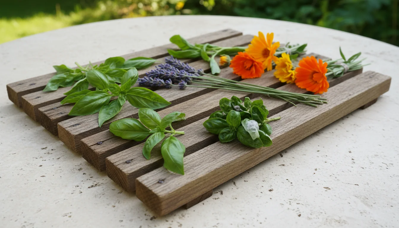Moldy basil leaves and healthy lavender drying on a rustic mesh rack on a bright patio table.