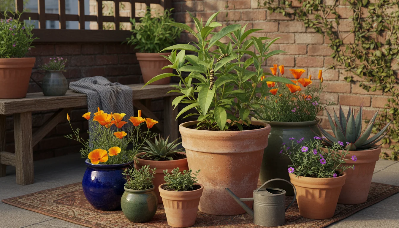 Monarch butterfly caterpillar feeding on milkweed in a terra cotta pot on a sunlit urban patio, surrounded by other native container plants.