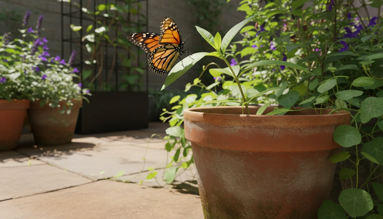 A Monarch butterfly hovers intently over a milkweed plant in a terracotta pot on a patio, assessing a leaf for egg-laying.