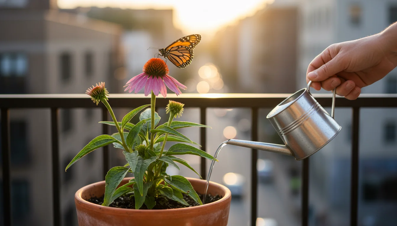 Close-up of a Monarch butterfly on a potted coneflower with minor leaf damage on an urban balcony at golden hour, observed by a gardener's hand.