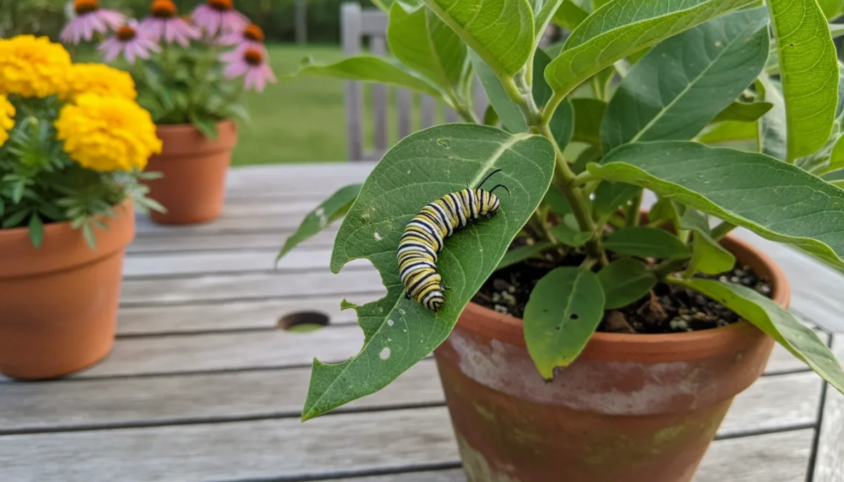 A monarch caterpillar actively feeding on a milkweed leaf in a terracotta pot on a patio, with blurred nectar flowers in the background.