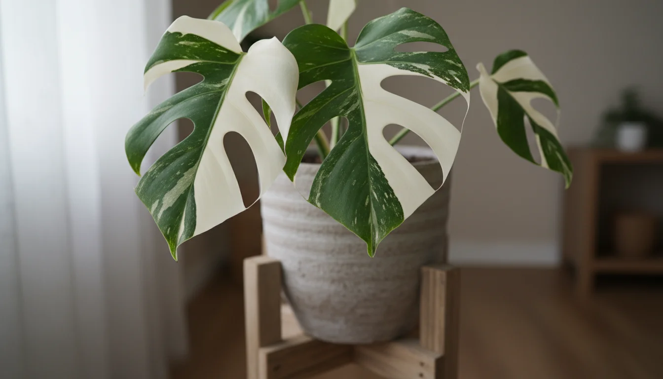 Close-up of a Monstera 'Albo Variegata' leaf showing striking white and green marbling in a light grey ceramic pot.