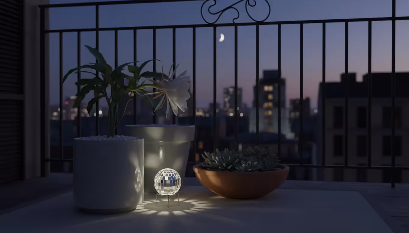 Moonlight reflects off white pots, gravel, and a mirrored ornament on a cream outdoor rug on a small balcony at twilight.