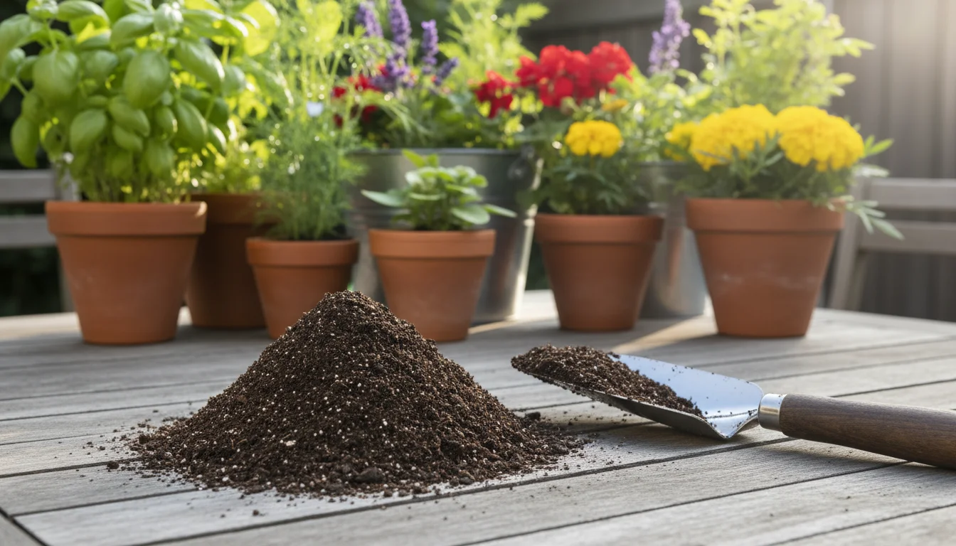 Mound of dark, rich, finely textured compost with a silver trowel on a weathered patio table. Blurred vibrant container plants in background.