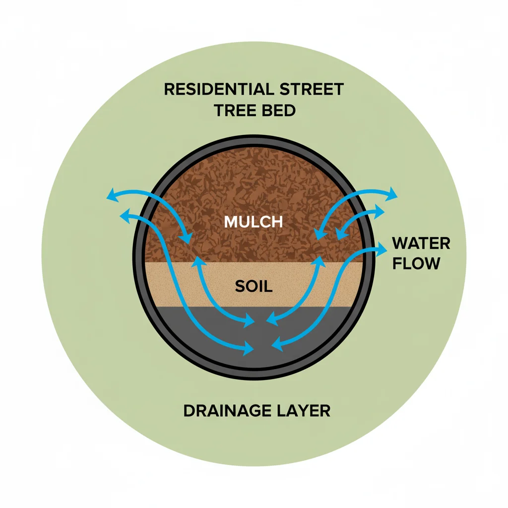 Mulch in 30cm pot diagram. Arrows show water flow through mulch layer.