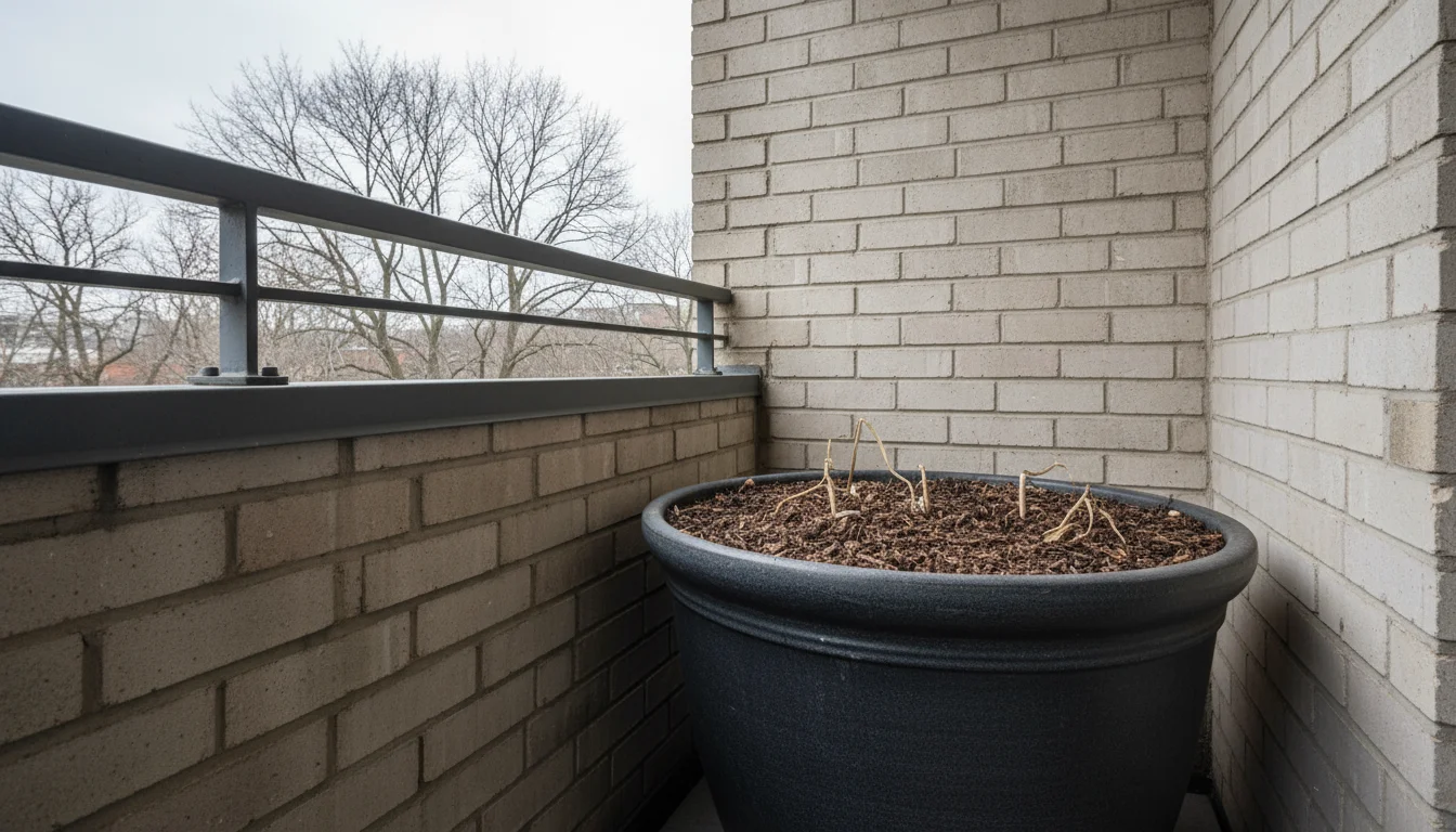 A mulched garlic pot, nestled in a sheltered brick corner of a small urban balcony under soft winter light, emphasizing dormancy.