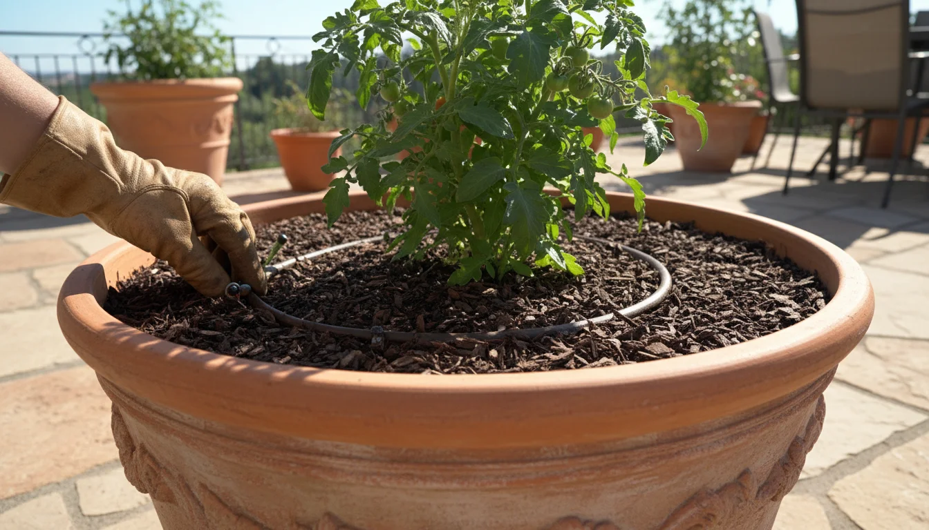 Medium close-up looking down into a mulched patio container. A gloved hand presses dark wood chip mulch around a compact tomato plant's base.