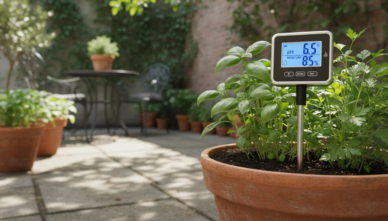 A multi-function digital soil meter with its probe in moist soil in a terracotta pot, displaying a pH reading and moisture level.