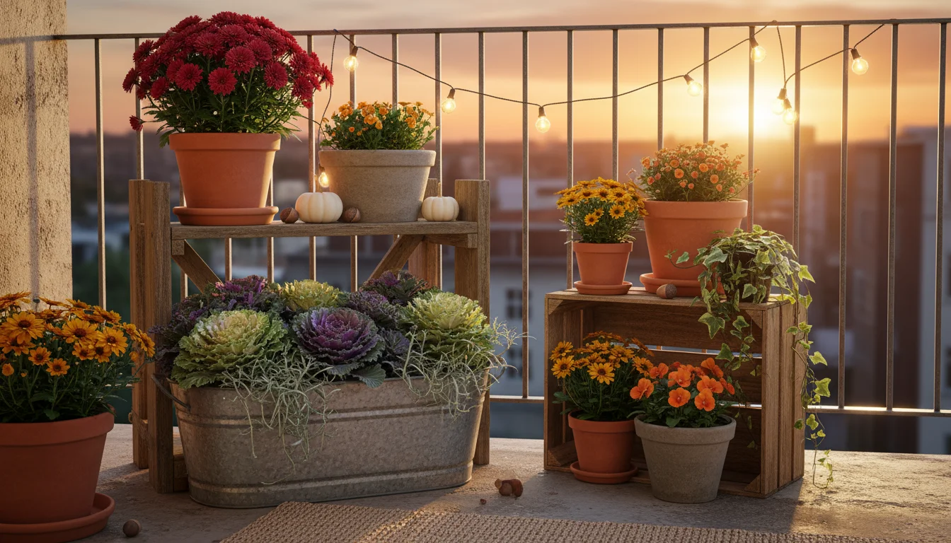 Multi-level balcony garden with sustainable fall plants: red mum, ornamental kale, silvery sedum, and a small evergreen in various pots on a wooden sh