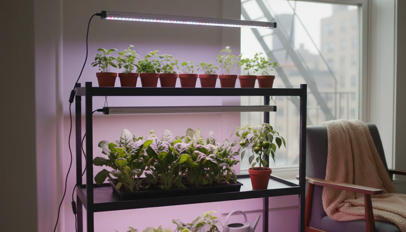 A multi-tiered indoor garden shelf in an urban apartment, featuring a T5 fluorescent light over herb seedlings and an LED bar over mature greens.