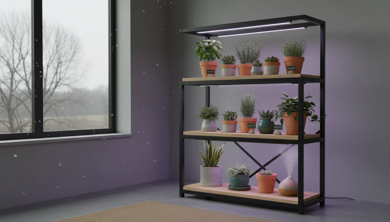 A slightly overhead view of a multi-tiered indoor plant shelf, with various potted herbs and plants bathed in the purplish-white glow of an LED grow l