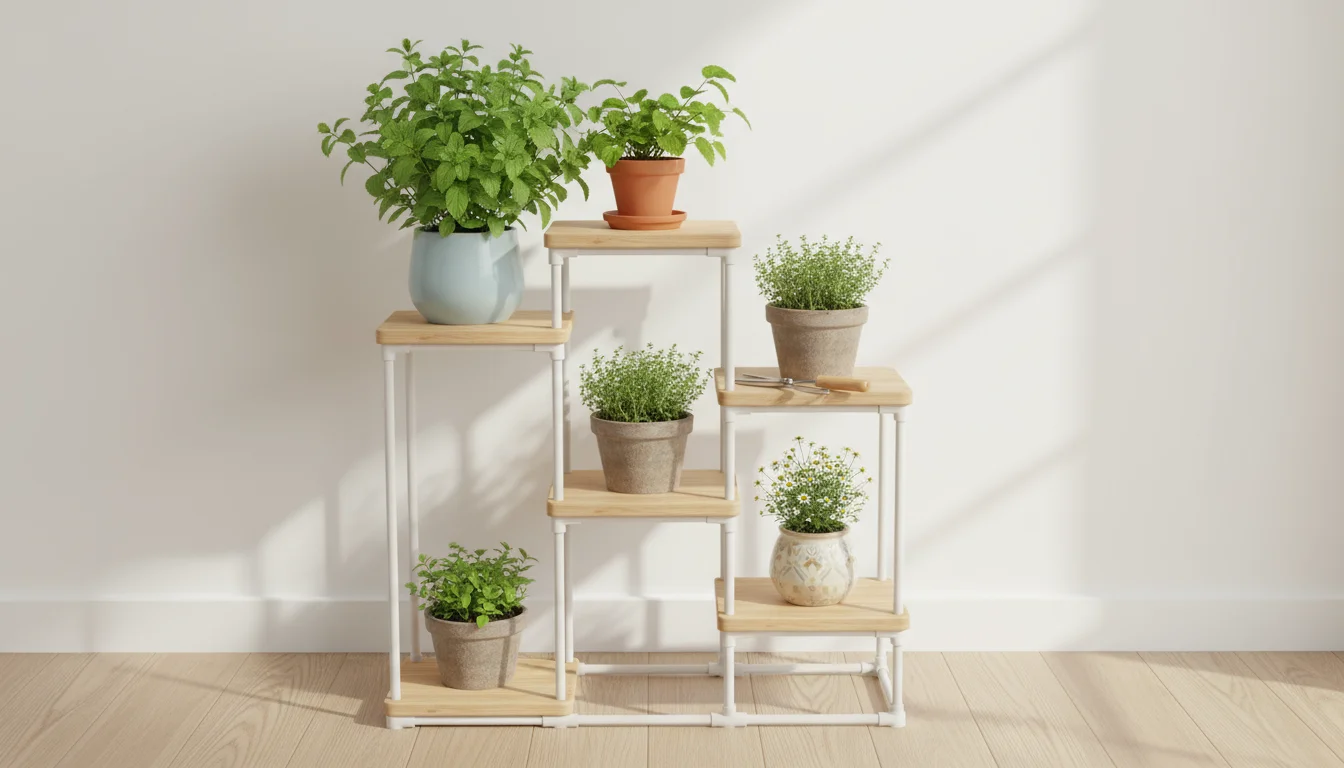 A multi-tiered modern plant stand showcasing various vibrant potted medicinal herbs like mint and chamomile, with a steaming mug nearby.