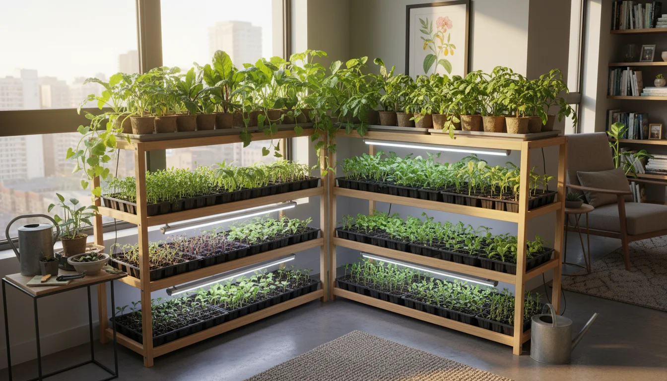 Multi-tiered plant shelf in an apartment corner, filled with various green seedlings under a grow light.