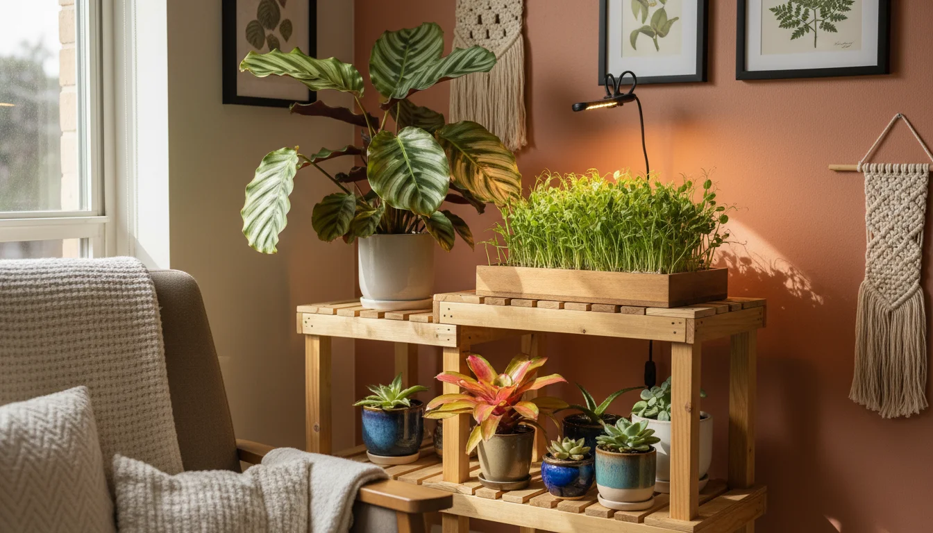 A multi-tiered plant stand against a wall holds a vibrant Calathea plant, a tray of green pea shoot microgreens under a grow light, and a colorful bro