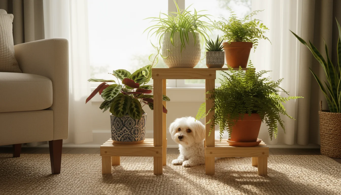 A multi-tiered plant stand with pet-safe spider plant, prayer plant, Boston fern, and Haworthia. A small white dog subtly peeks out.