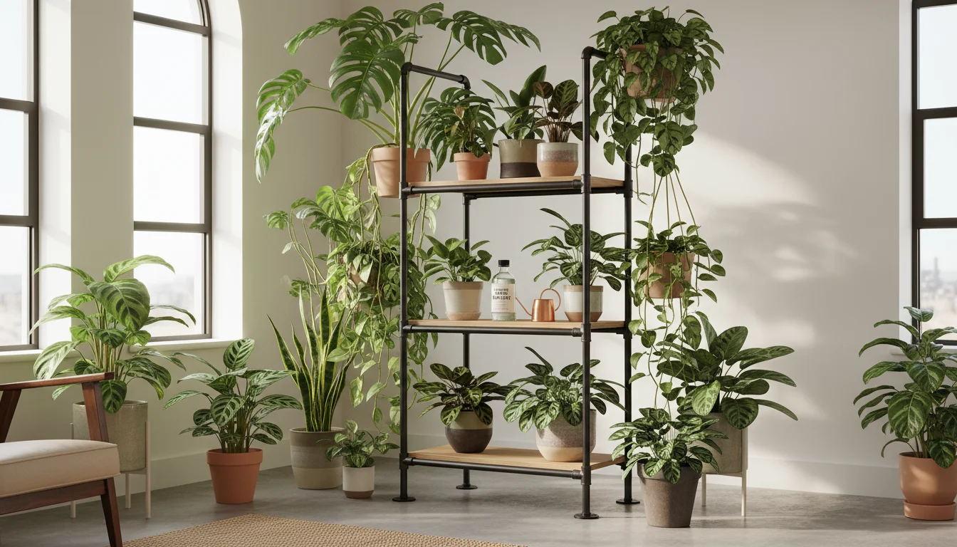 Multi-tiered plant stand in an urban apartment corner, filled with diverse, healthy indoor plants and subtle pest prevention tools.