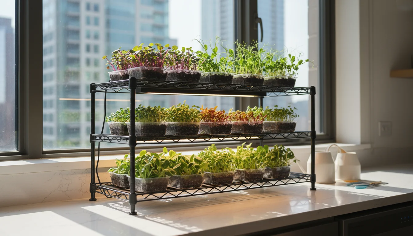 A multi-tiered shelf unit on a kitchen counter holds vibrant microgreen trays under a compact LED grow light and natural window light, a hand watering