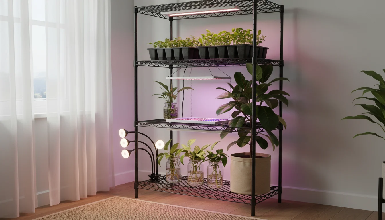 A multi-tiered shelf unit with various container plants under different types of grow lights in a small indoor garden setup.
