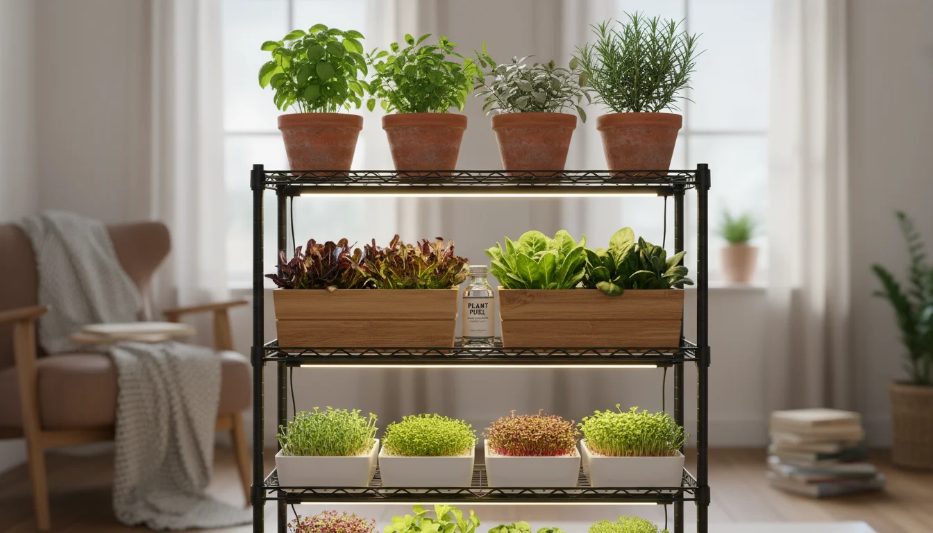 A multi-tiered shelving unit filled with potted herbs, leafy greens, and microgreens under a warm LED grow light.