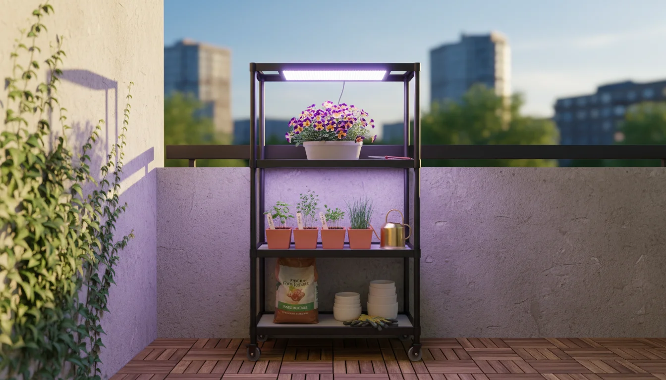 Multi-tiered urban balcony plant shelf showing a flowering plant under LED, herbs under T5, and low-light plants in ambient light.