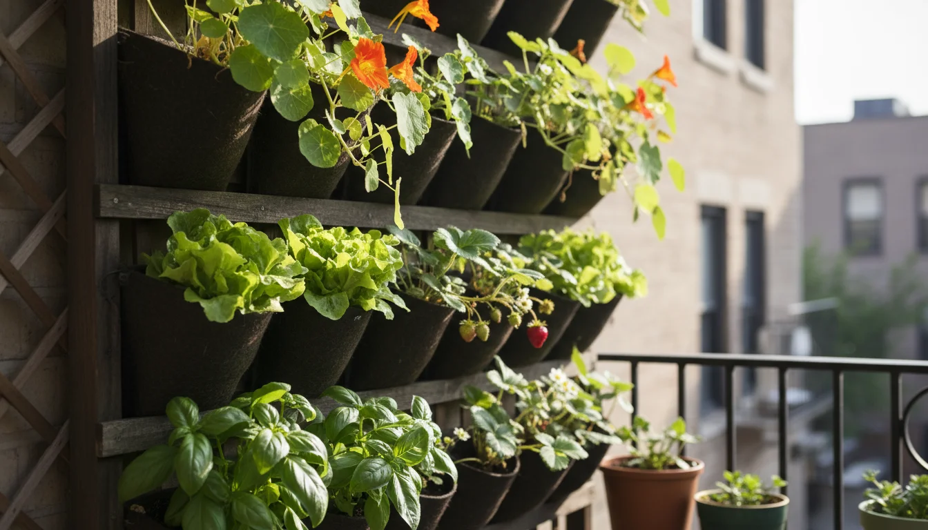 Close-up of a multi-tiered vertical garden on a balcony, featuring lush nasturtiums, lettuce, strawberries, and basil under dappled sunlight.
