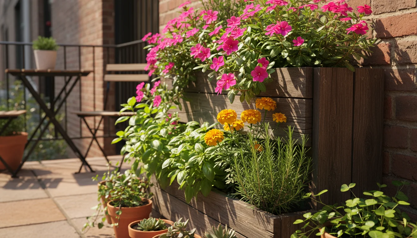 A multi-tiered vertical planter brimming with vibrant, sun-loving plants like Vinca, Marigolds, Basil, and Sedum on a hot patio.