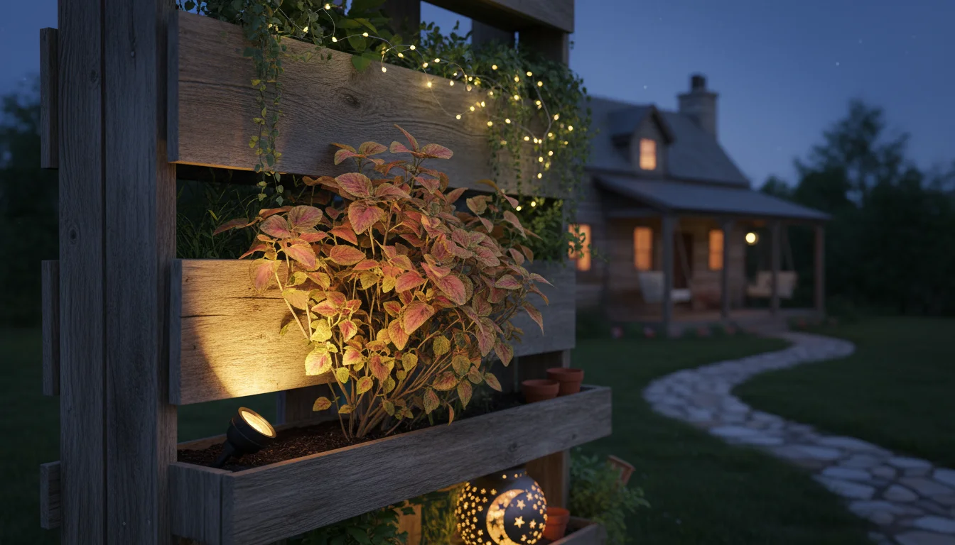 Multi-tiered vertical planter at dusk on a small patio, illuminated by glowing solar fairy lights, a solar spotlight, and a hanging solar lantern.