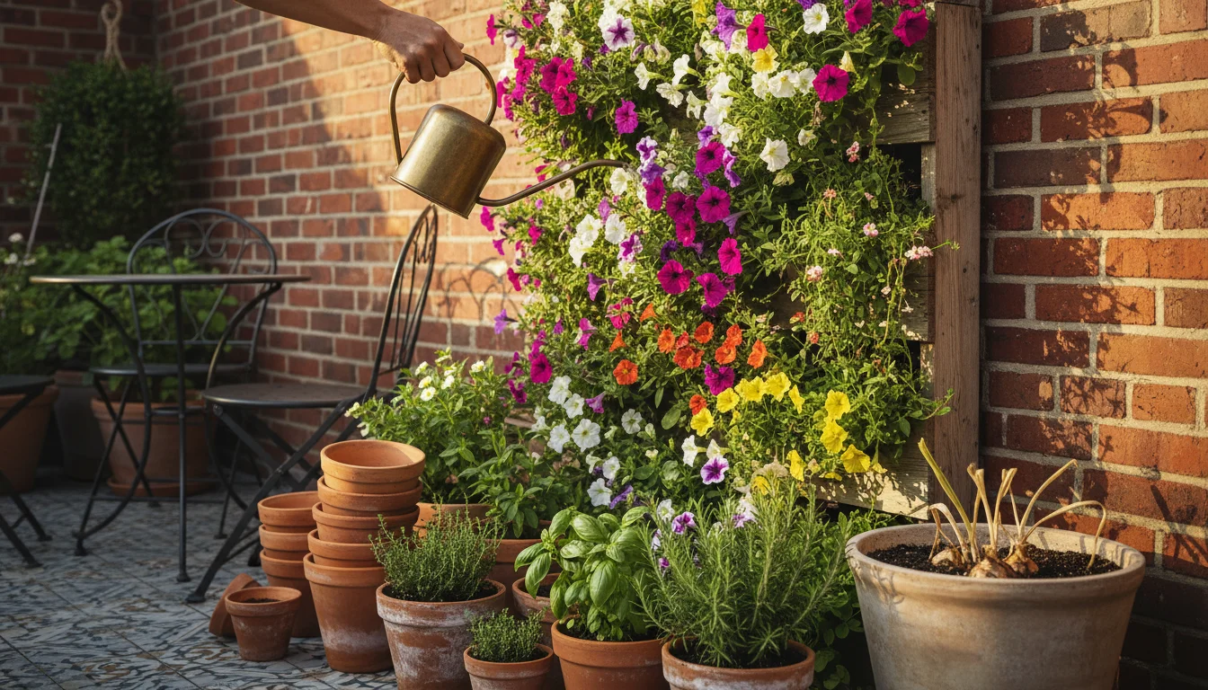 A multi-tiered vertical planter filled with vibrant petunias and calibrachoa on a small, sunny urban patio. Stacked empty pots are visible nearby, hin