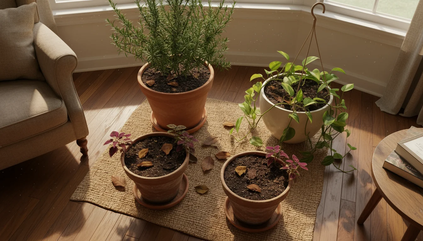 Elevated view of multiple container plants clustered indoors on a mat, showing visibly damp soil and fallen leaves on the pot surfaces.