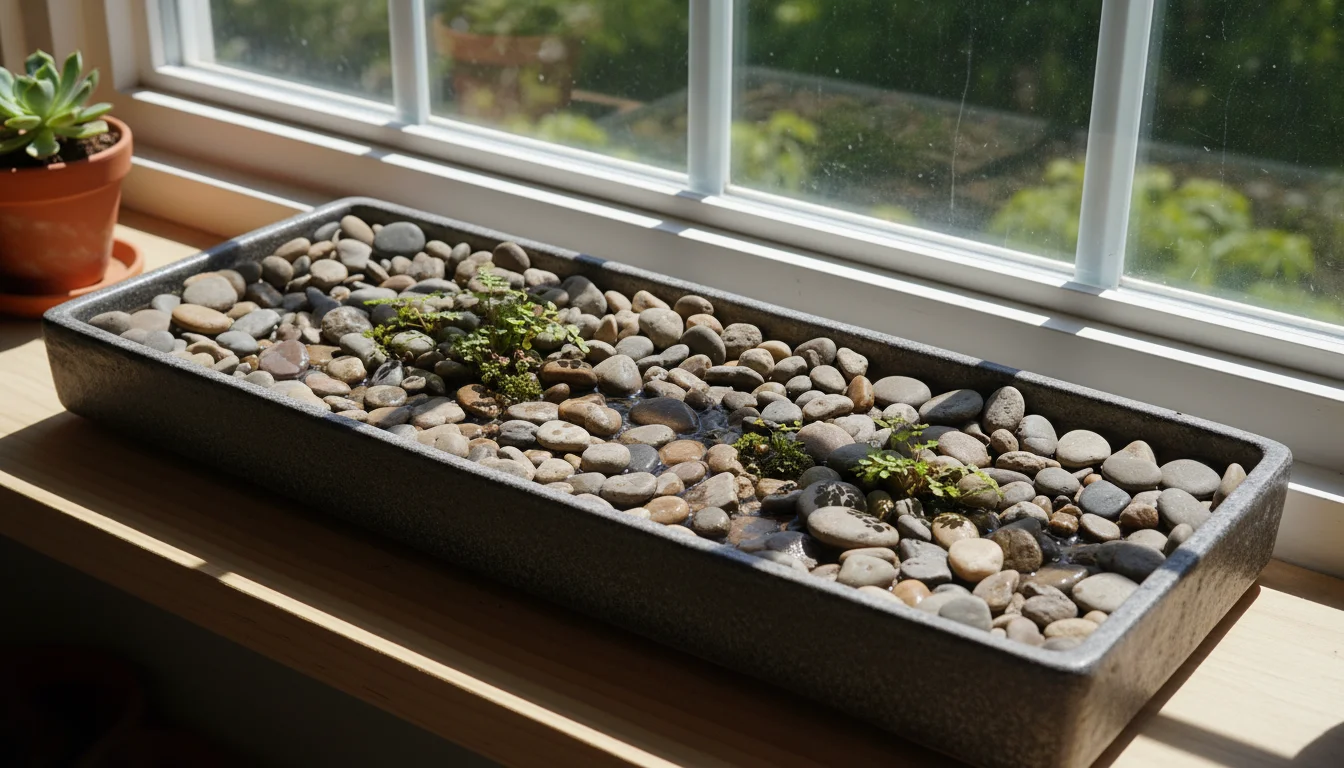 Multiple small potted plants arranged on a long, dark pebble tray with water visible below the stones, on a wooden shelf.