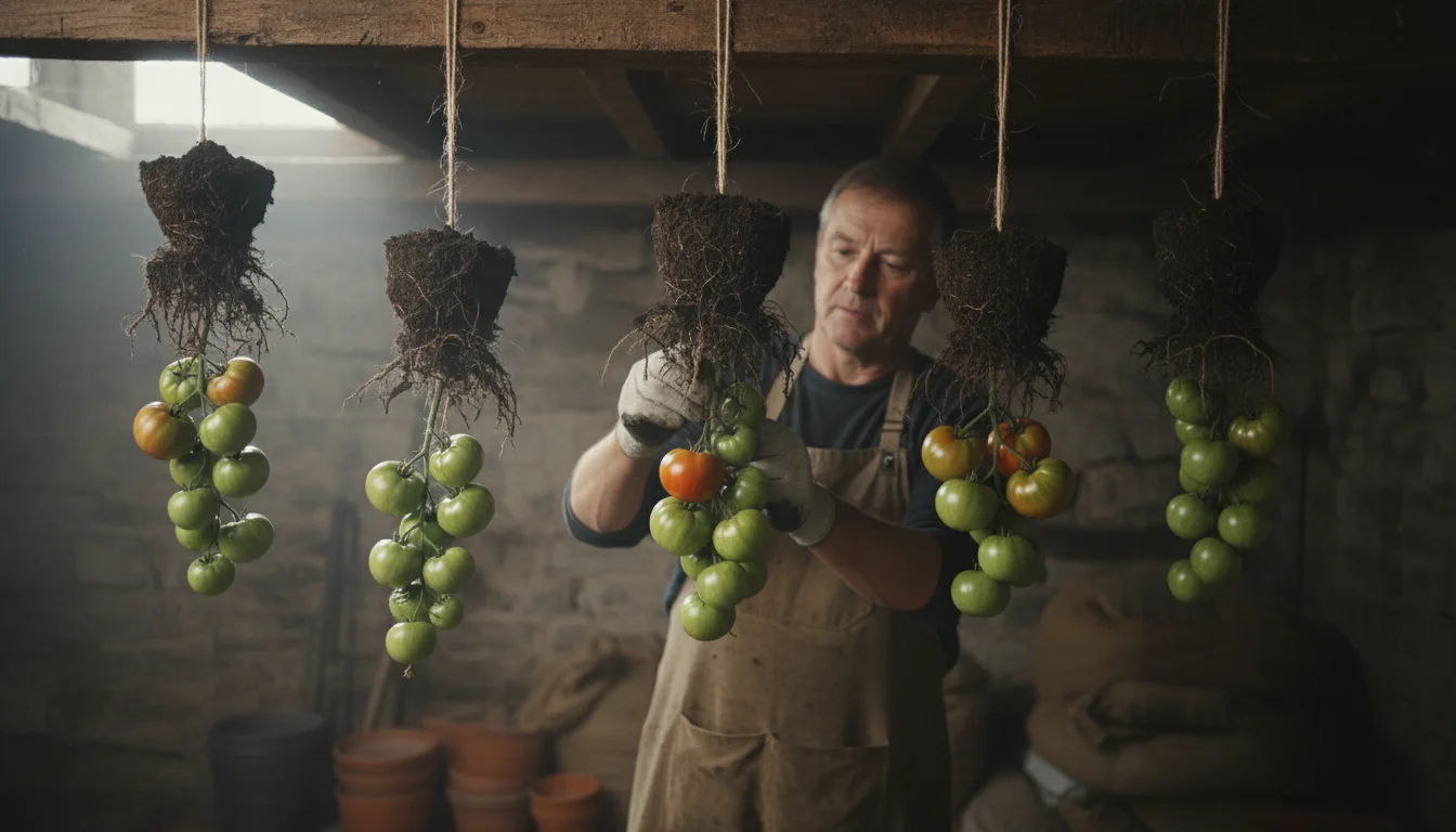 Multiple whole tomato plants with roots hang upside down from a beam in a cool basement. A gardener checks ripening green fruits.