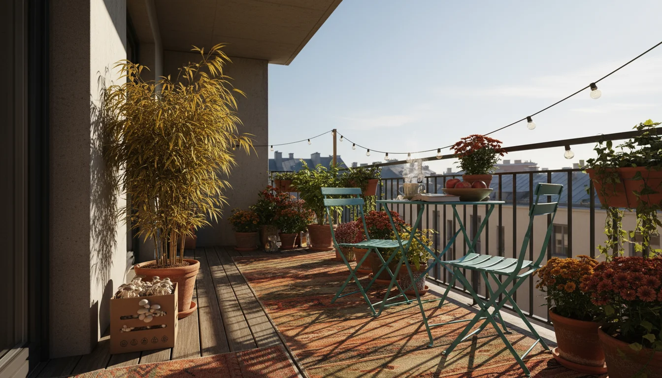 A mushroom growing kit rests in a consistently shaded balcony corner, contrasting with direct sunlight on the adjacent railing.
