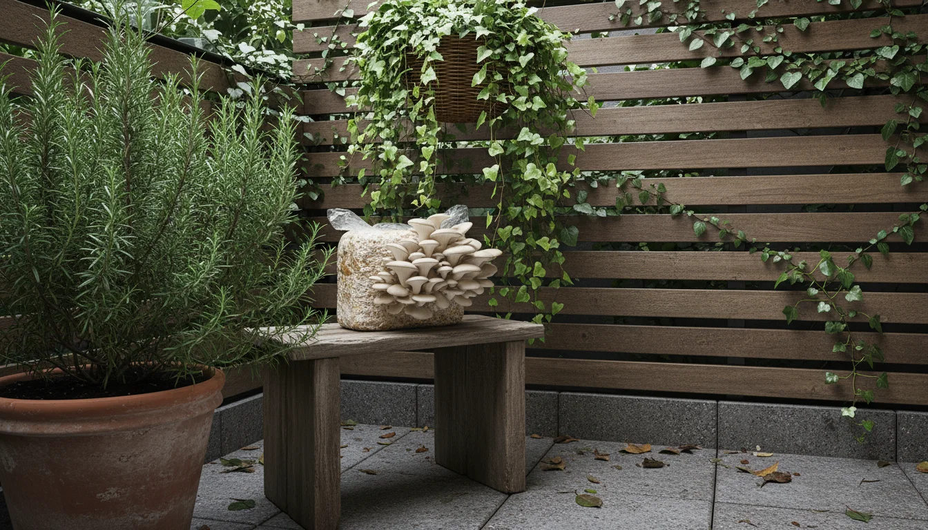 Mushroom growing kit thriving in a shaded, sheltered corner of a small urban balcony, protected by plants and an overhang.